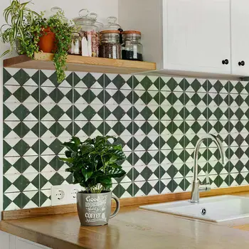7" x 7" Green Vinyl Arabesque Peel And Stick Removable Tiles