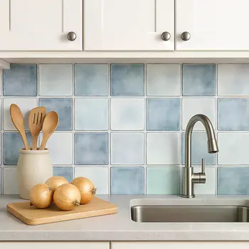 5" x 5" Blue Vinyl Arabesque Peel And Stick Removable Tiles