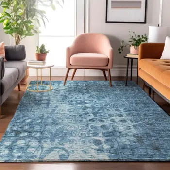 3' X 5' Blue And Ivory Ikat Washable Area Rug With UV Protection