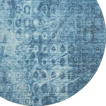 8' Blue And Ivory Ikat Washable Round Rug With UV Protection