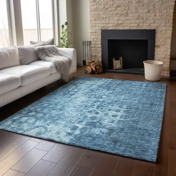 9' X 12' Blue And Ivory Ikat Washable Area Rug With UV Protection