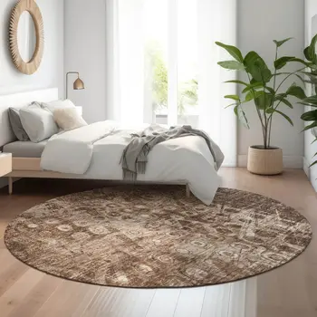 8' Chocolate And Beige Ikat Washable Round Rug With UV Protection