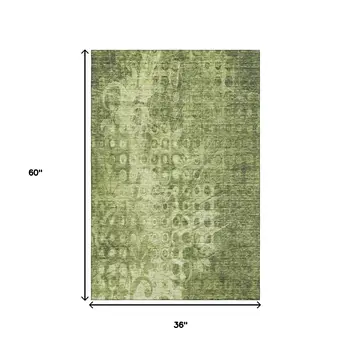 3' X 5' Olive Green And Ivory Ikat Washable Area Rug With UV Protection