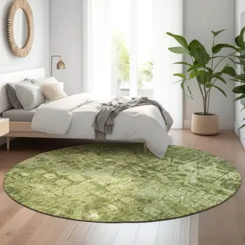 8' Olive Green And Ivory Ikat Washable Round Rug With UV Protection