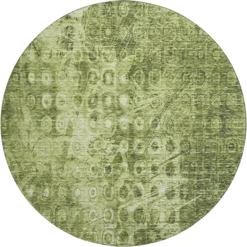 8' Olive Green And Ivory Ikat Washable Round Rug With UV Protection