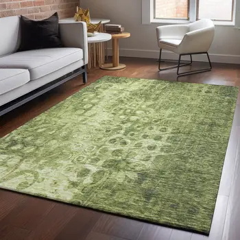 8' X 10' Olive Green And Ivory Ikat Washable Area Rug With UV Protection