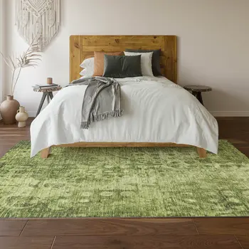 9' X 12' Olive Green And Ivory Ikat Washable Area Rug With UV Protection