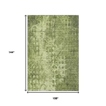 9' X 12' Olive Green And Ivory Ikat Washable Area Rug With UV Protection