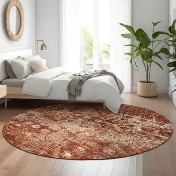 8' Chili Red And Ivory Ikat Washable Round Rug With UV Protection