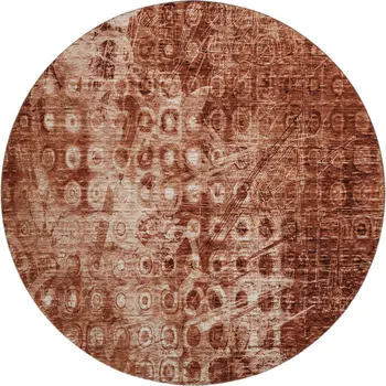 8' Chili Red And Ivory Ikat Washable Round Rug With UV Protection