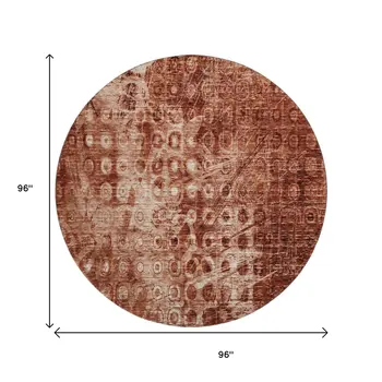 8' Chili Red And Ivory Ikat Washable Round Rug With UV Protection