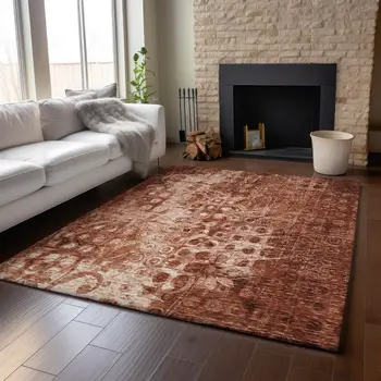 9' X 12' Chili Red And Ivory Ikat Washable Area Rug With UV Protection
