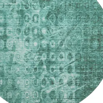 8' Teal And Ivory Ikat Washable Round Rug With UV Protection