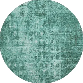 8' Teal And Ivory Ikat Washable Round Rug With UV Protection