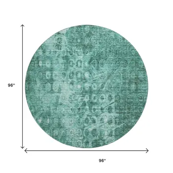 8' Teal And Ivory Ikat Washable Round Rug With UV Protection