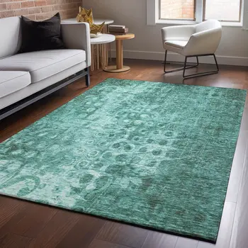 8' X 10' Teal And Ivory Ikat Washable Area Rug With UV Protection