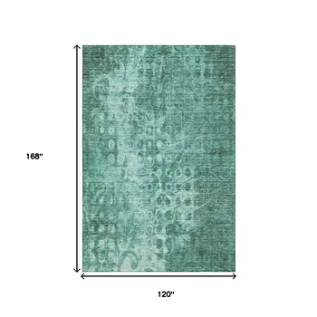 10' X 14' Teal And Ivory Ikat Washable Area Rug With UV Protection