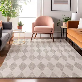 8' X 10' Beige And Ivory Diamond Washable Area Rug With UV Protection