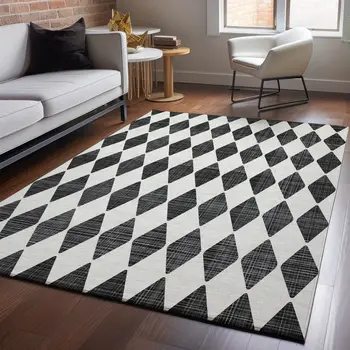 3' X 5' Black And Ivory Diamond Washable Area Rug With UV Protection