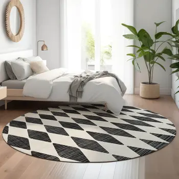 8' Black And Ivory Diamond Washable Round Rug With UV Protection