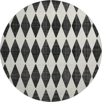 8' Black And Ivory Diamond Washable Round Rug With UV Protection