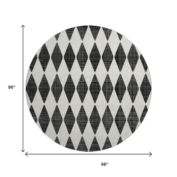 8' Black And Ivory Diamond Washable Round Rug With UV Protection
