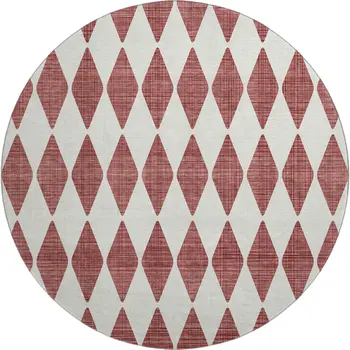8' Burgundy And Ivory Diamond Washable Round Rug With UV Protection
