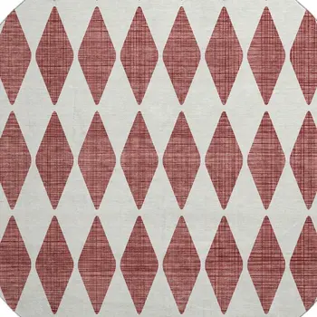 8' Burgundy And Ivory Diamond Washable Round Rug With UV Protection