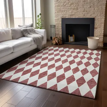 10' X 14' Burgundy And Ivory Diamond Washable Area Rug With UV Protection