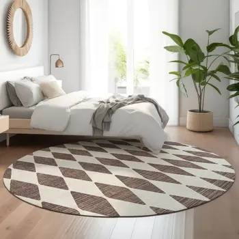 8' Brown And Ivory Diamond Washable Round Rug With UV Protection