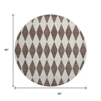 8' Brown And Ivory Diamond Washable Round Rug With UV Protection