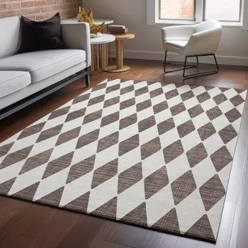 8' X 10' Brown And Ivory Diamond Washable Area Rug With UV Protection