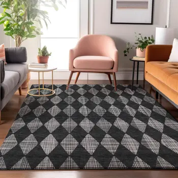 5' X 8' Charcoal And Ivory Diamond Washable Area Rug With UV Protection
