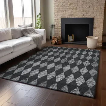 5' X 8' Charcoal And Ivory Diamond Washable Area Rug With UV Protection