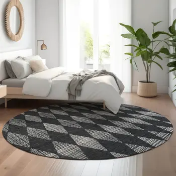 8' Charcoal And Ivory Diamond Washable Round Rug With UV Protection