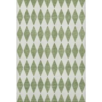5' X 8' Green And Ivory Diamond Washable Area Rug With UV Protection