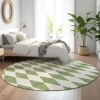 8' Green And Ivory Diamond Washable Round Rug With UV Protection