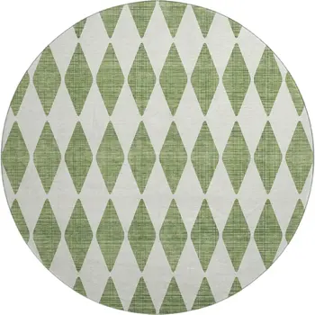 8' Green And Ivory Diamond Washable Round Rug With UV Protection