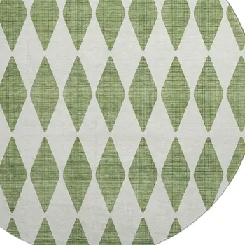 8' Green And Ivory Diamond Washable Round Rug With UV Protection