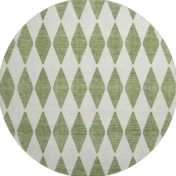 8' Green And Ivory Diamond Washable Round Rug With UV Protection