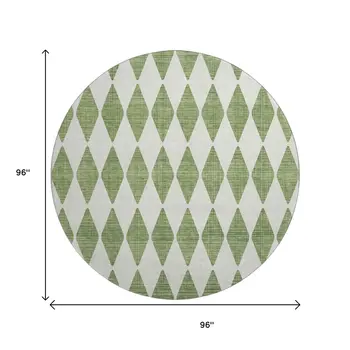 8' Green And Ivory Diamond Washable Round Rug With UV Protection