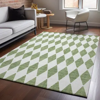 8' X 10' Green And Ivory Diamond Washable Area Rug With UV Protection
