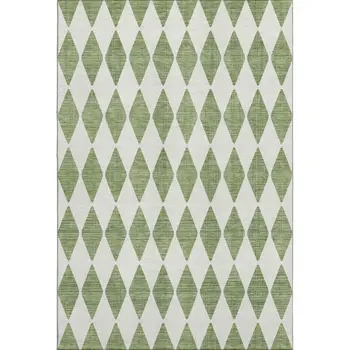 8' X 10' Green And Ivory Diamond Washable Area Rug With UV Protection