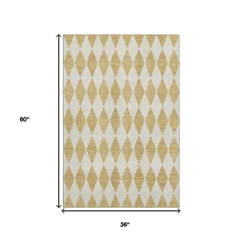 3' X 5' Gold And Ivory Diamond Washable Area Rug With UV Protection