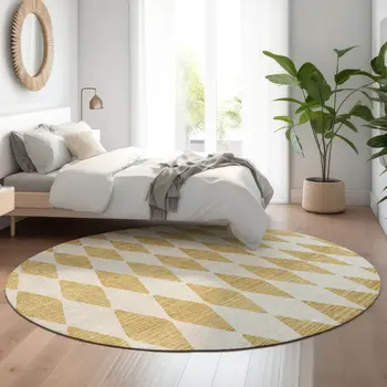 8' Gold And Ivory Diamond Washable Round Rug With UV Protection