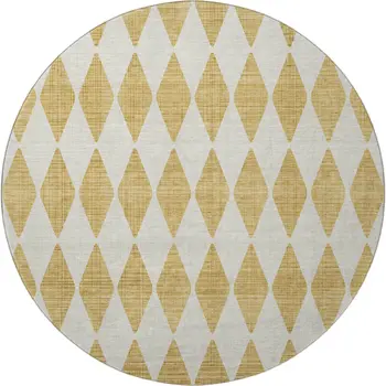 8' Gold And Ivory Diamond Washable Round Rug With UV Protection