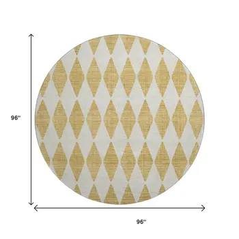 8' Gold And Ivory Diamond Washable Round Rug With UV Protection