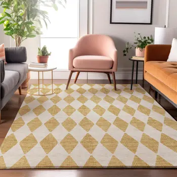 8' X 10' Gold And Ivory Diamond Washable Area Rug With UV Protection
