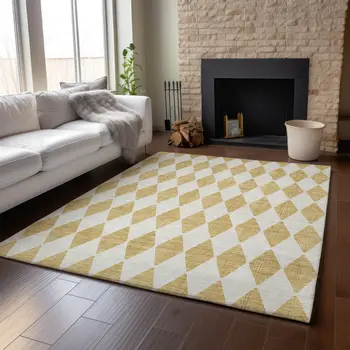 8' X 10' Gold And Ivory Diamond Washable Area Rug With UV Protection