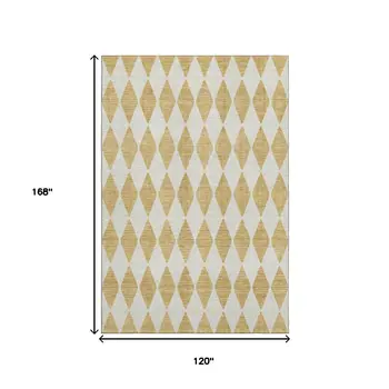 10' X 14' Gold And Ivory Diamond Washable Area Rug With UV Protection
